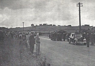 grass crowd cars black and white