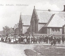 church people queuing road grass black and white