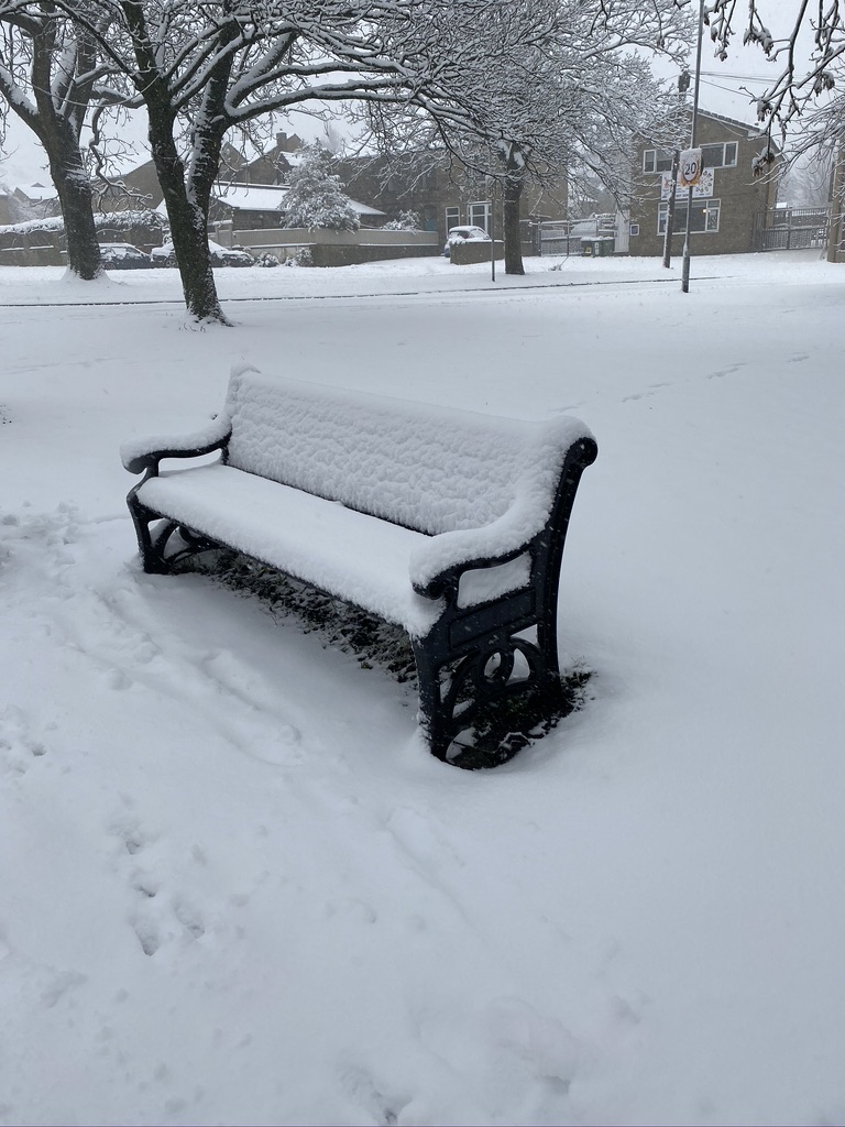 Bench on the Green covered in snow