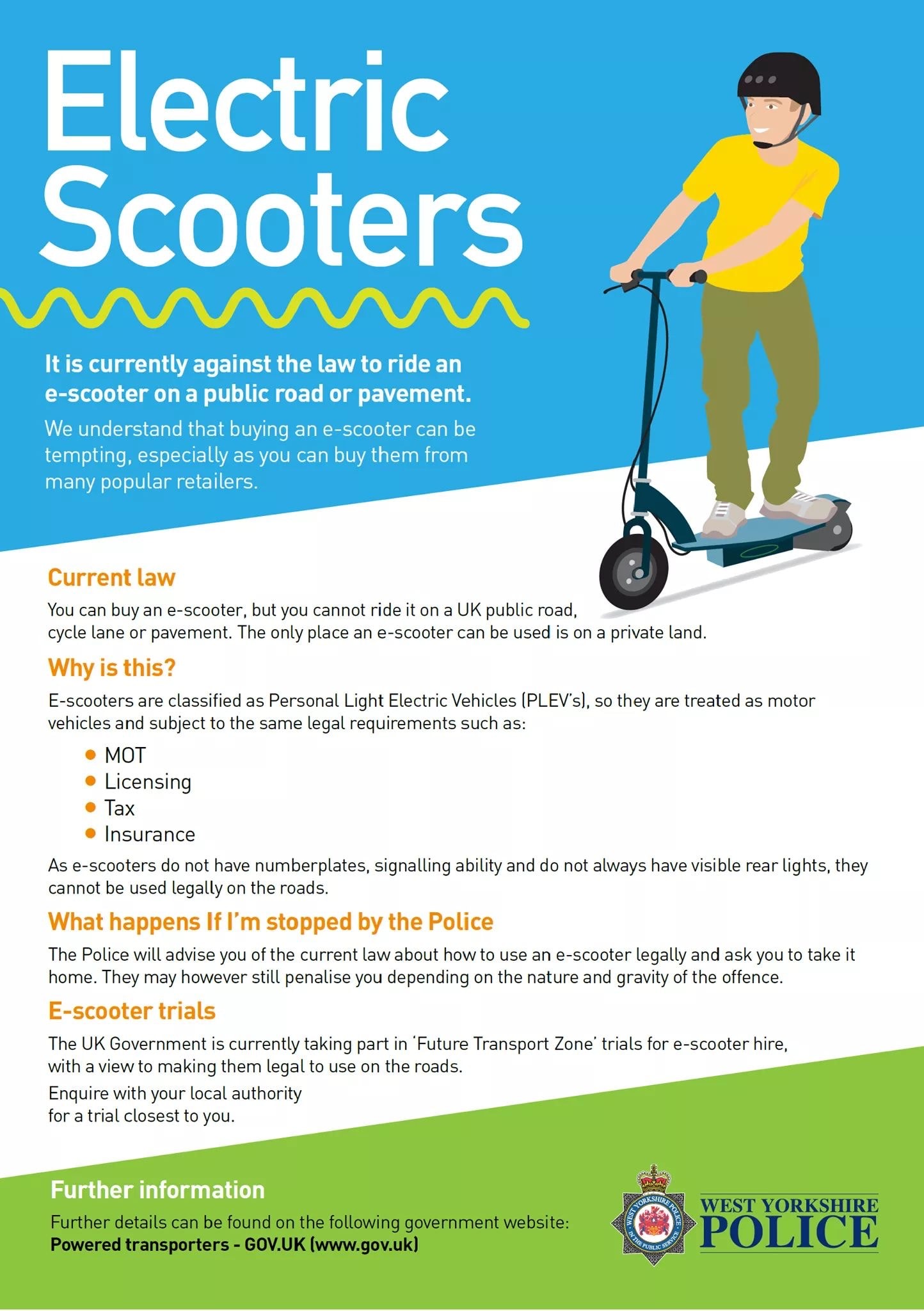 Electric Scooters poster from West Yorkshire Police Illegal to ride on UK public roads cycle lane or pavement