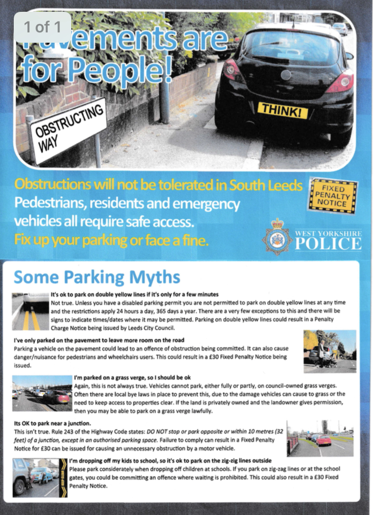 West Yorkshire Police poster called 'Pavements are for People' and warning about fixed penalty notices.