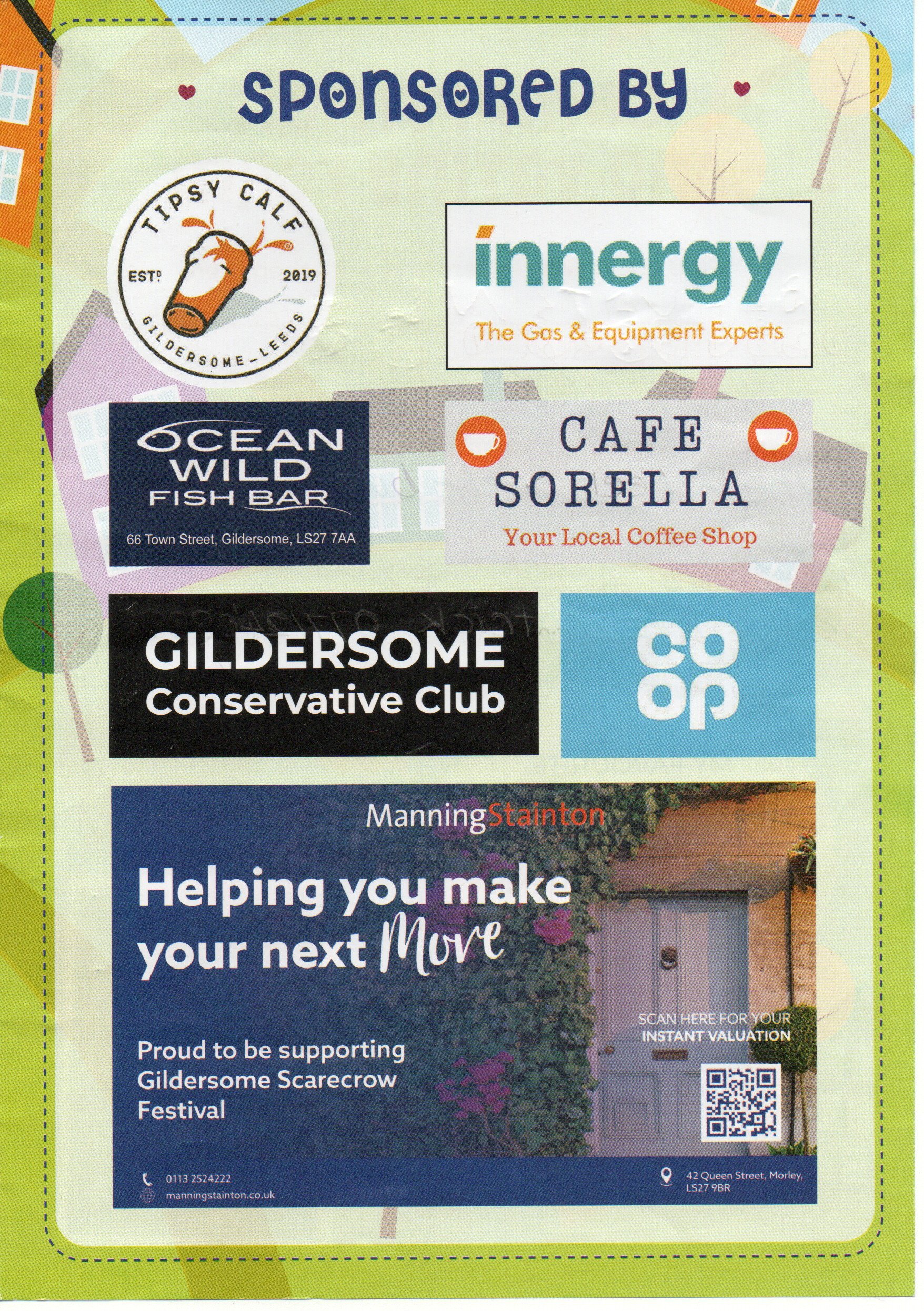 Scarecrow Festoval 2024 was sponsored by Tipsy Calf, Innergy, Coop, Ocean Wild Fish Bar, Gildersome Conservative Club, Cafe Sorella and Manning Stainton.
