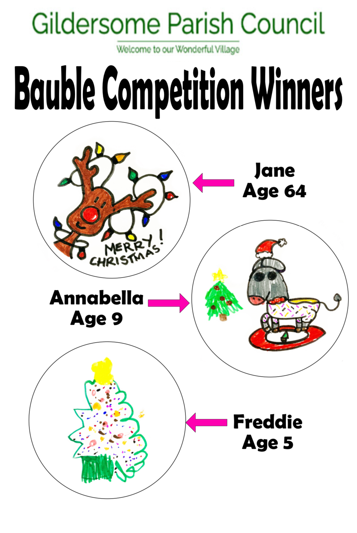 Gildersome Parish Council Bauble Winners 2024 Jane age 64 Rudolph head with fairy lights caught in antlers Annabella age 9 Christmas tree and donkey Freddie age 5 Christmas Tree with lights and a star at the top