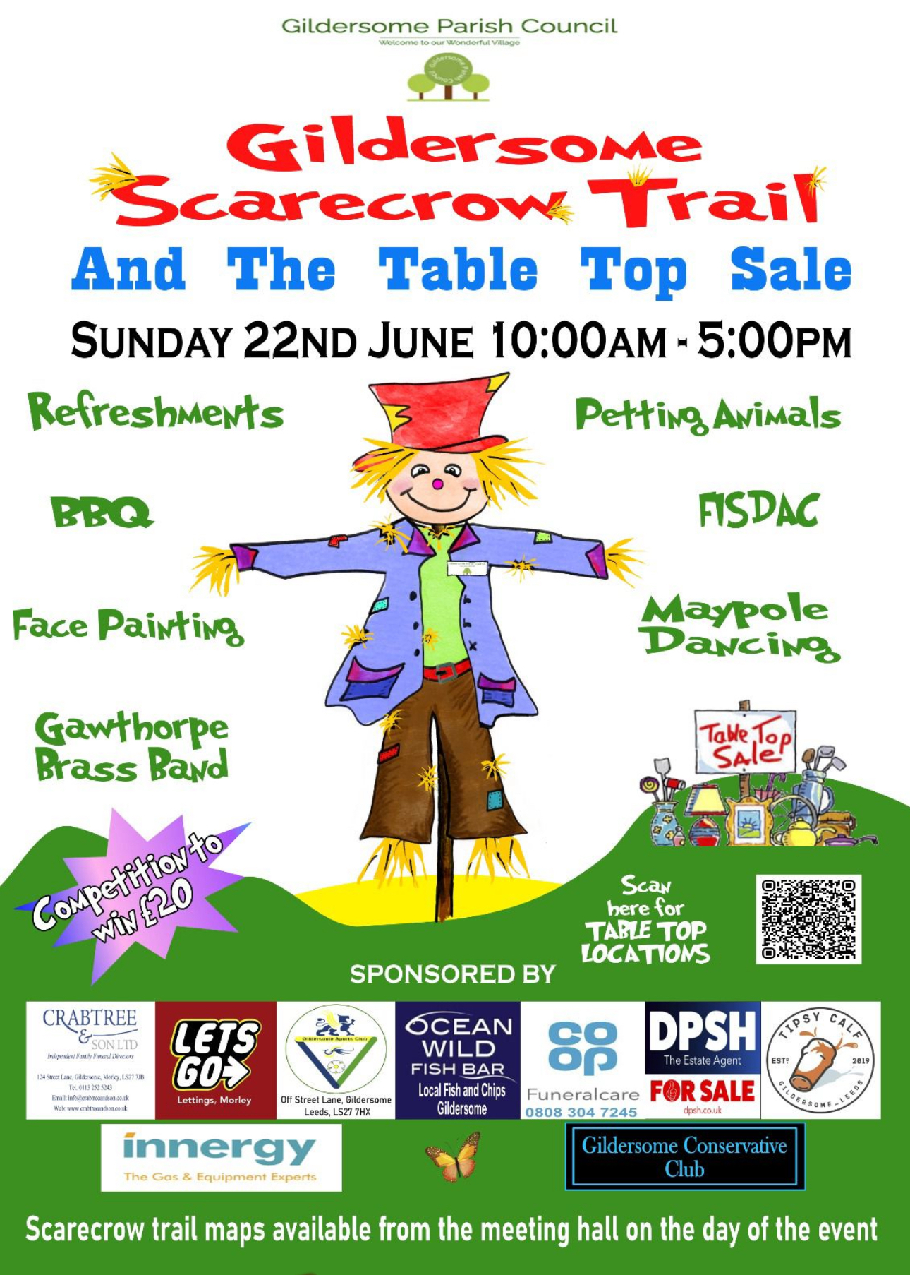 Scarecrow Festival Poster Sunday 22nd June 2025 10am-5pm Maypole dancing, Bbq, facepainting, refreshments, petting animals, Table Top at the Football field on Street Lane/East View