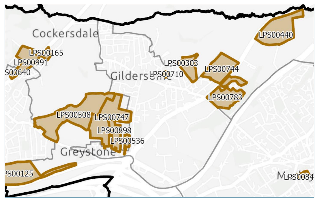 Aerial of Gildersome village showing the locations of 9 proposed development sites, each marked and numbered for reference.