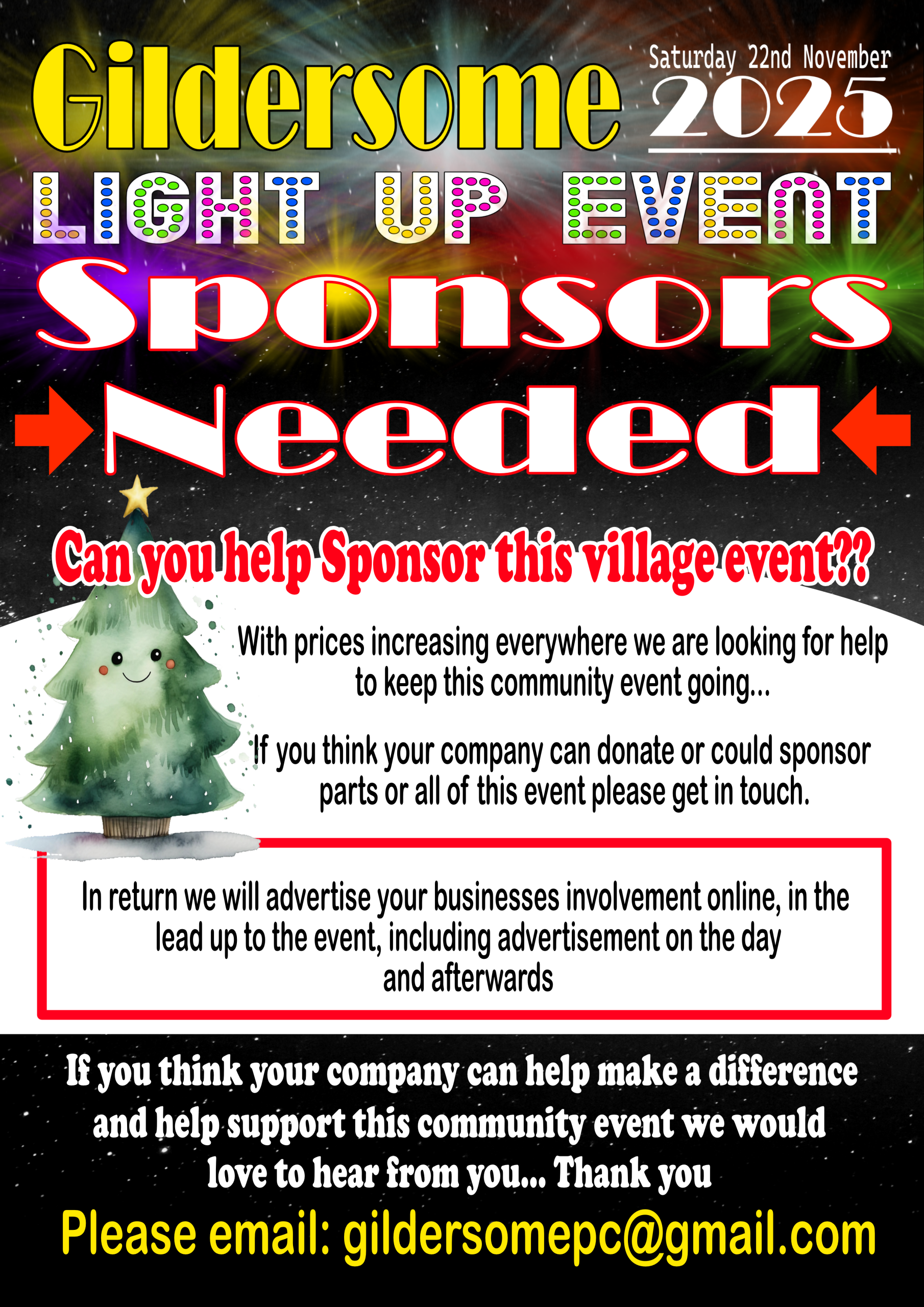 Poster for Gildersome Light Up Event on Saturday 22nd November 2025. The Parish Council is seeking sponsors to help fund the event. Businesses that support will be advertised before, during, and after the event. Contact gildersomepc@gmail.com for more information.
