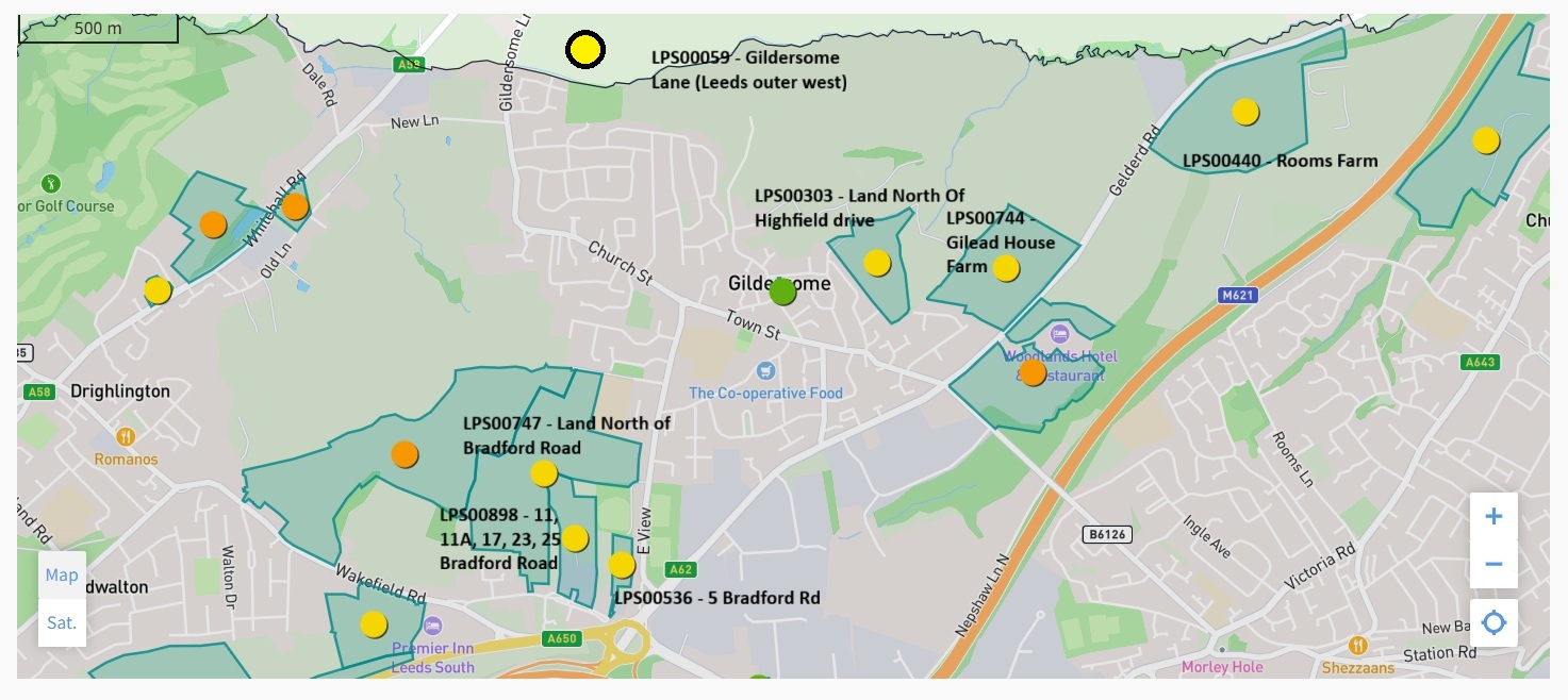 A map of the Gildersome area with yellow sites labelled up with Leeds Local Plan numbers: LPS00747, LPS00898, LPS536, LPS00303, LPS00744, LPS00440, LPS00059