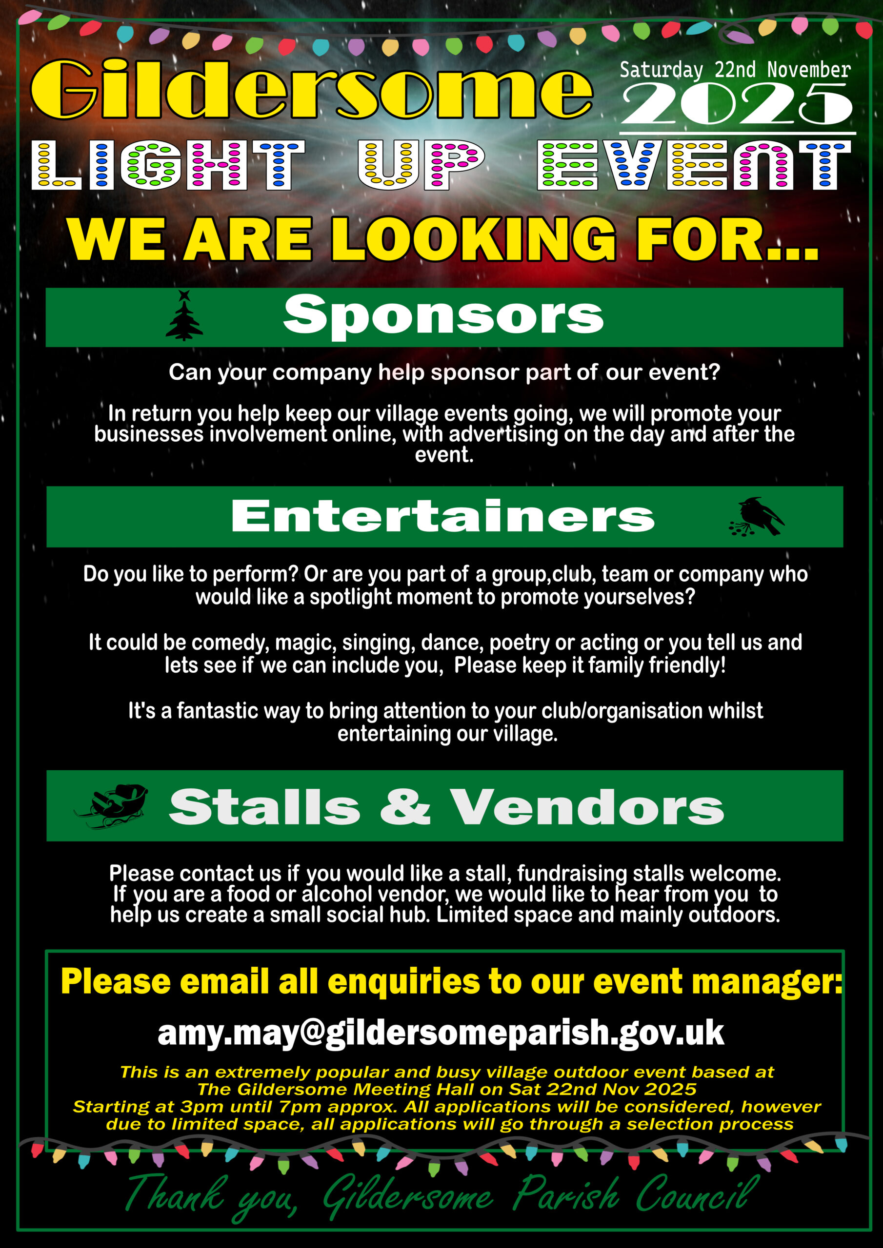 Poster for the Gildersome Light Up Event 2025 on Saturday, 22nd November. The parish council is looking for sponsors, entertainers, and stall or food vendors for the village event at Gildersome Meeting Hall, 3–7 pm. Contact amy.may@gildersomeparish.gov.uk for details.